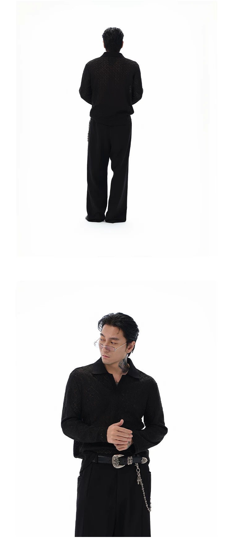Hollow-out Long-sleeve Polo Shirt
