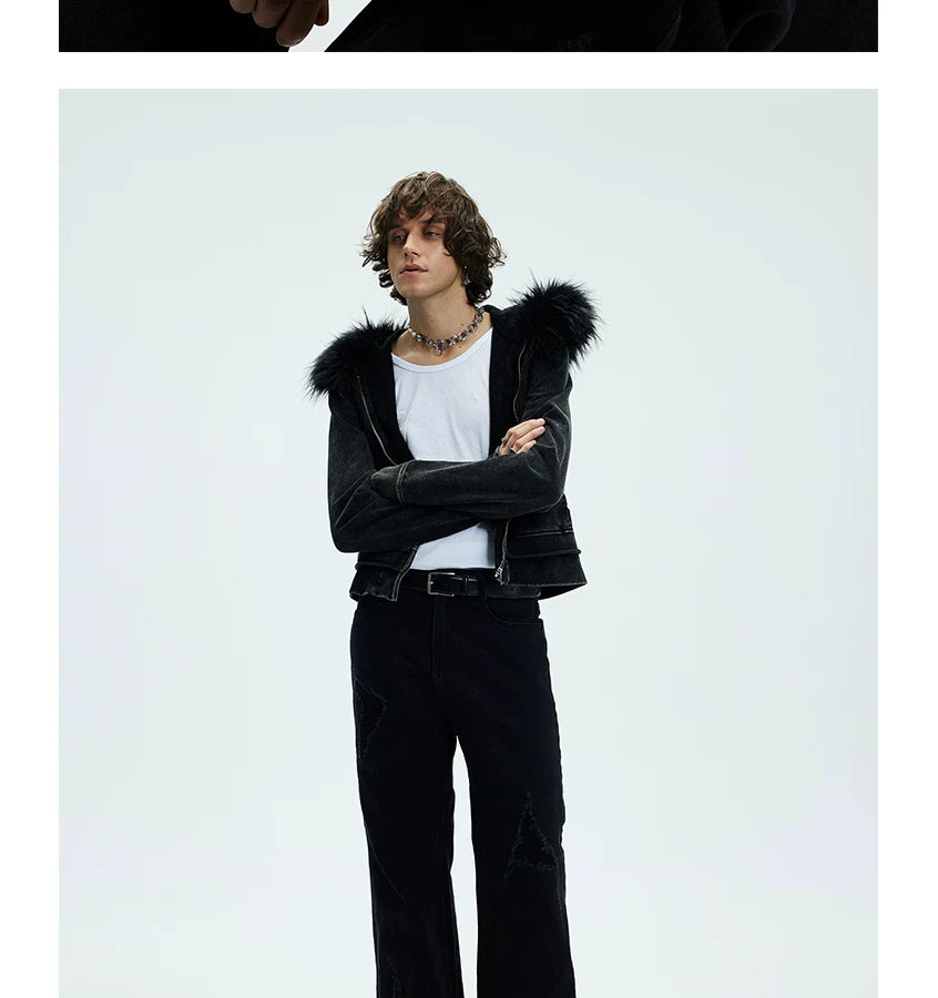 Washed Detachable Fur Zip Hoodie