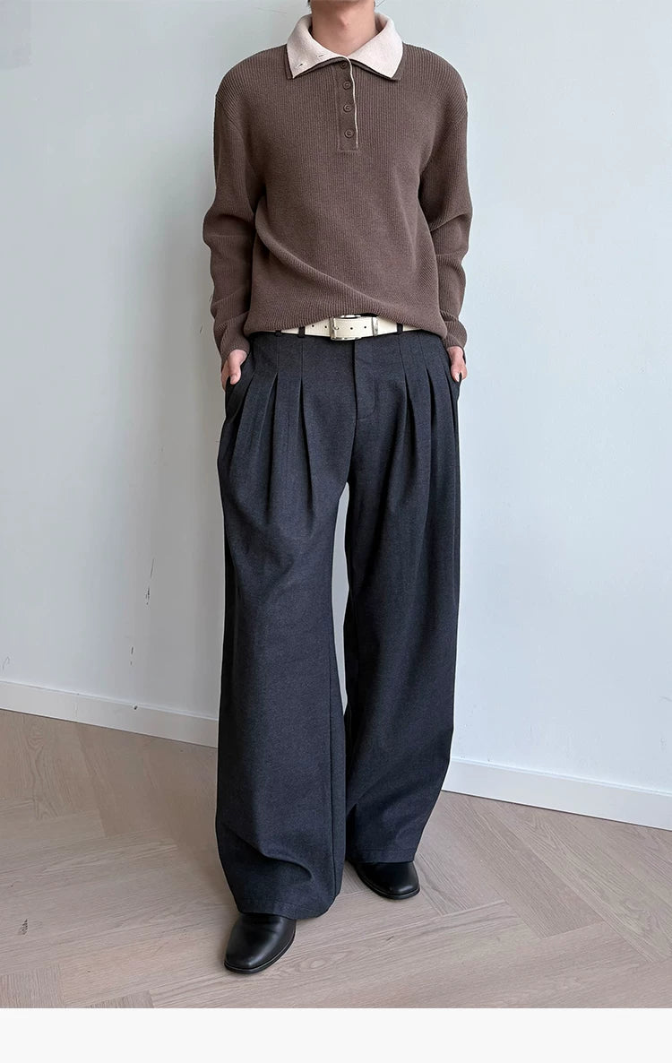 Brushed Velvet Pleated Loose Straight Pants