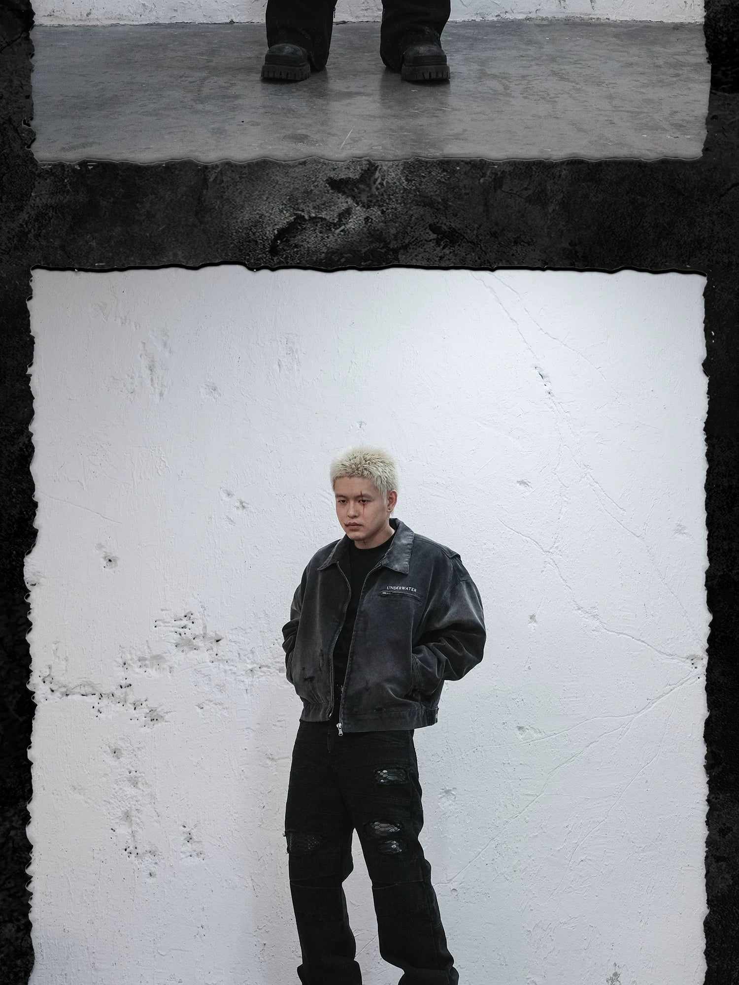 Washed Distressed Printed Gradient Detroit Jacket