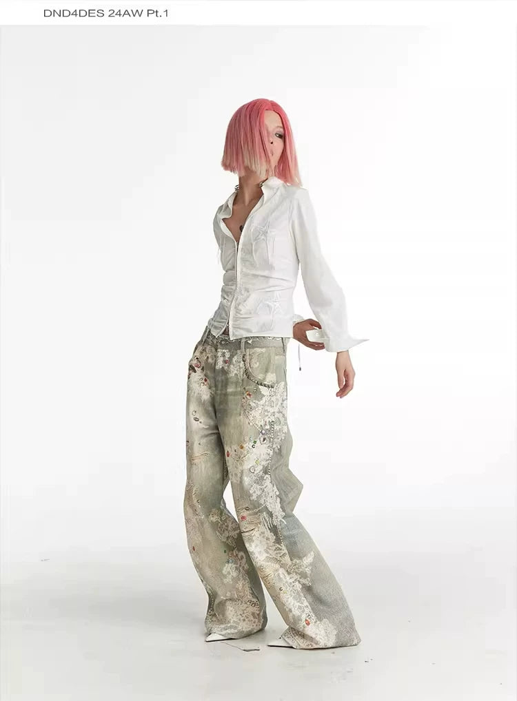 Vintage Digital Lace Print Flare Jeans
