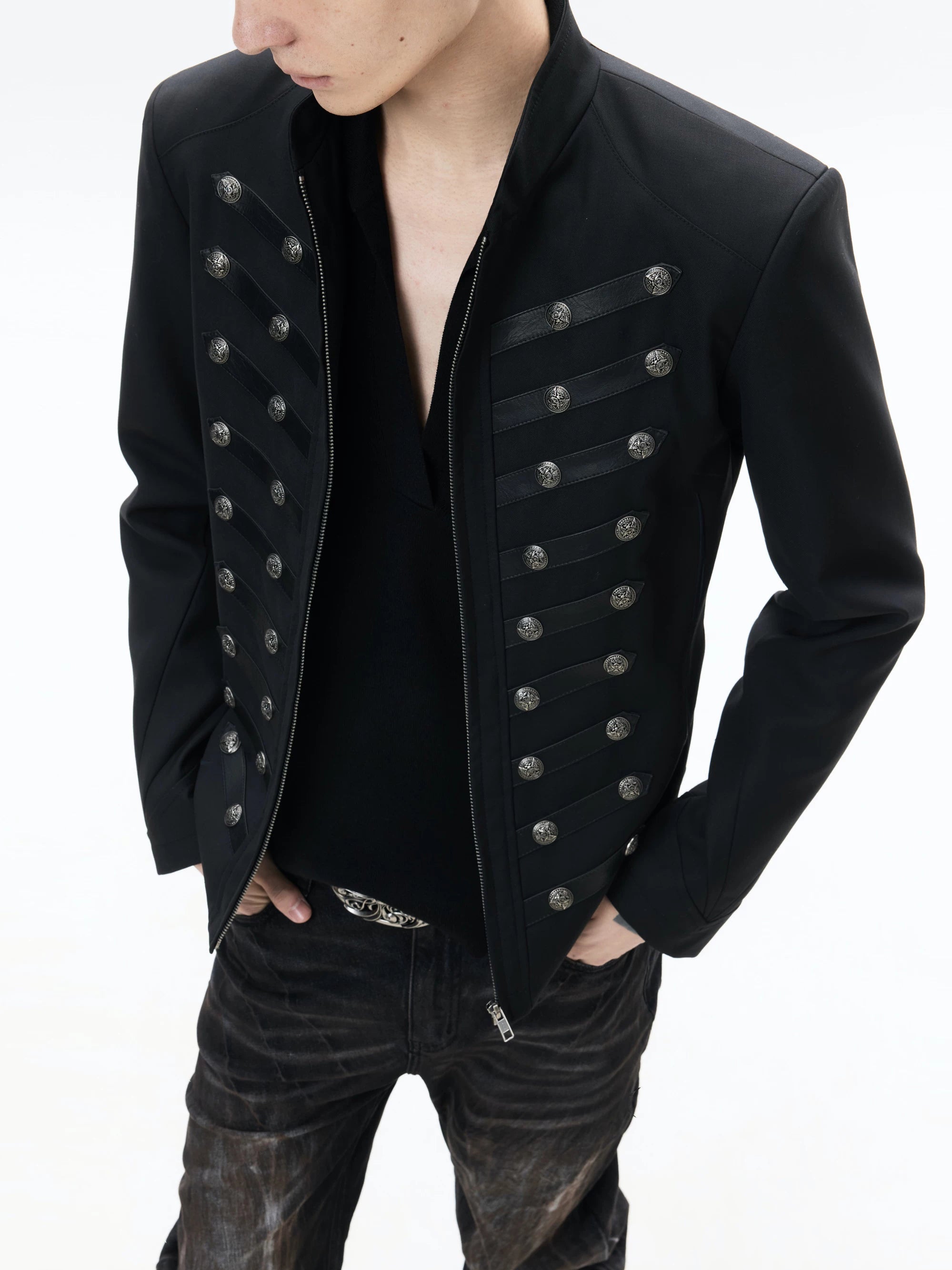 Black Napoleon Style Casual Double-breasted Jacket