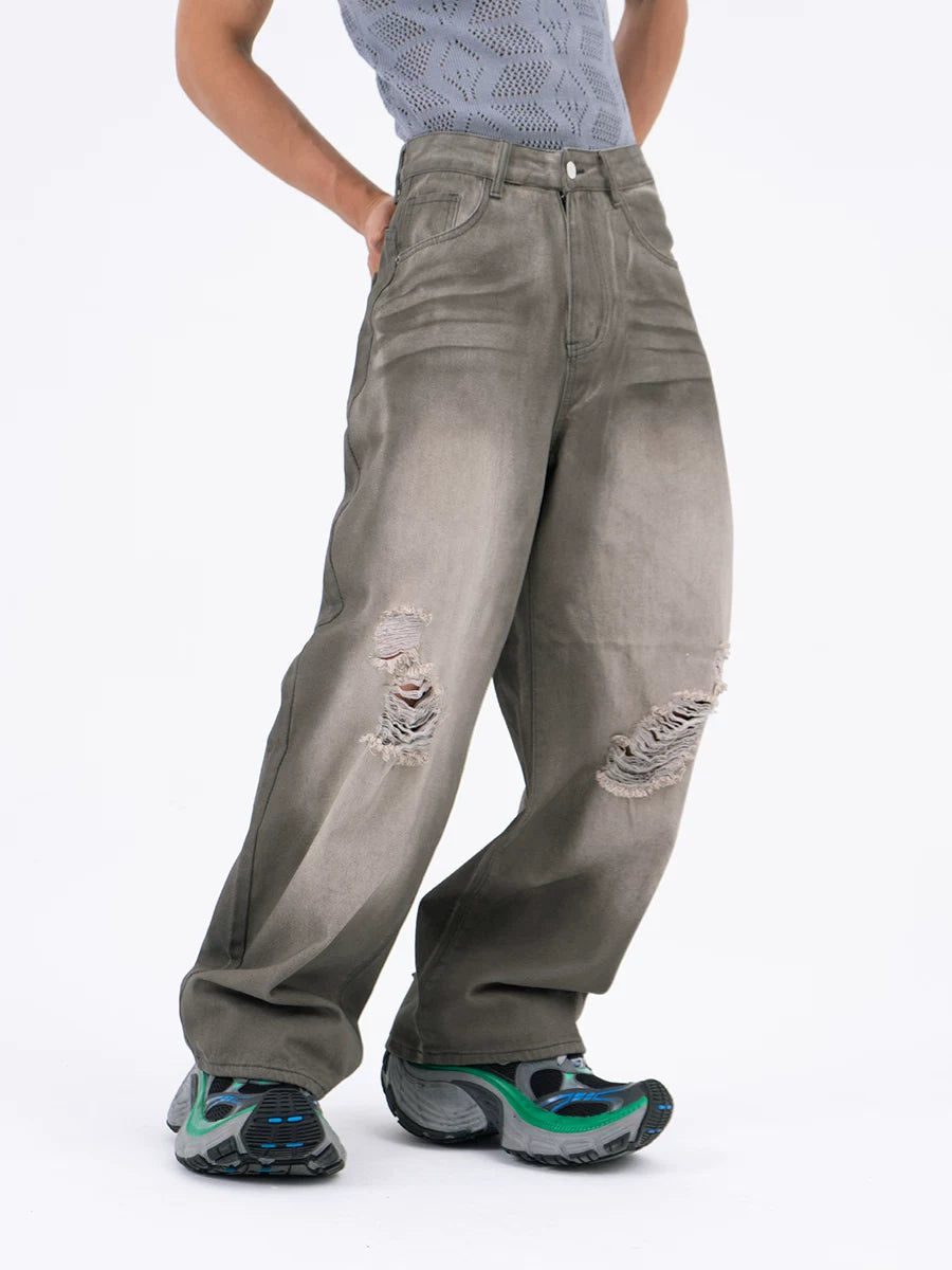 Men's Gray Vintage Distressed Wide-Leg Jeans
