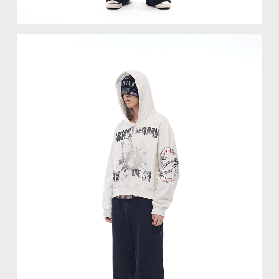 Tri-color Washed Distressed Embroidered V-neck Hoodie