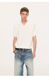 Wheat Jacquard V-Neck Knit Polo Tee