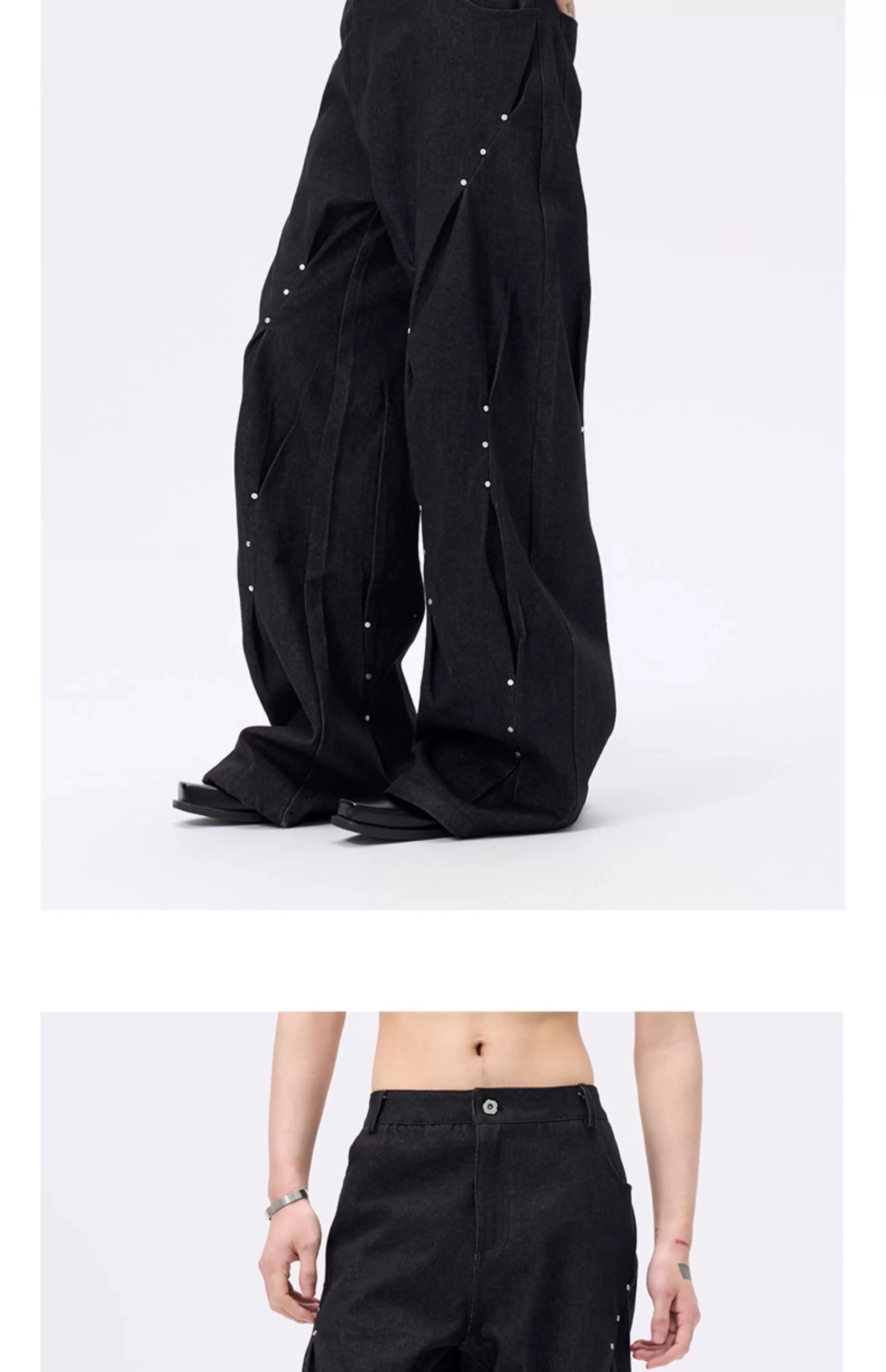 Pleated Wide Leg Raw Denim Jeans