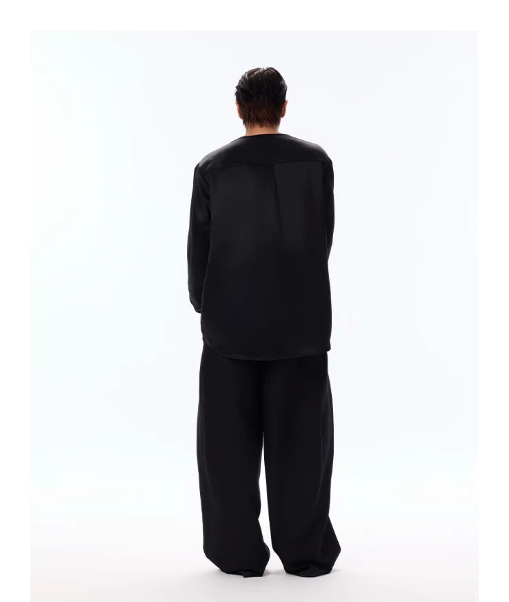 Satin V-Neck Acetate Long-Sleeve Shirt