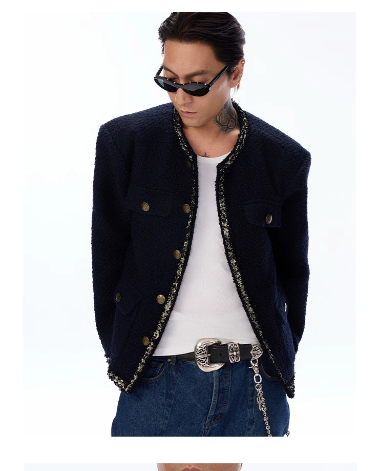 Wool Blend Navy Blue Tweed Coat