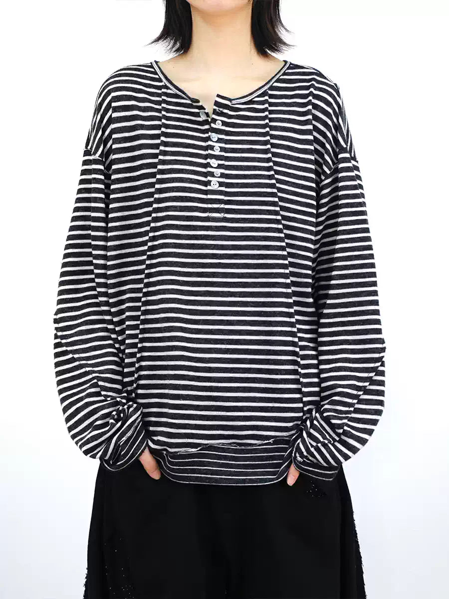 Striped Cutout Neck Long Sleeve Tee
