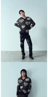 Black White Heart Smile Openwork Hoodie