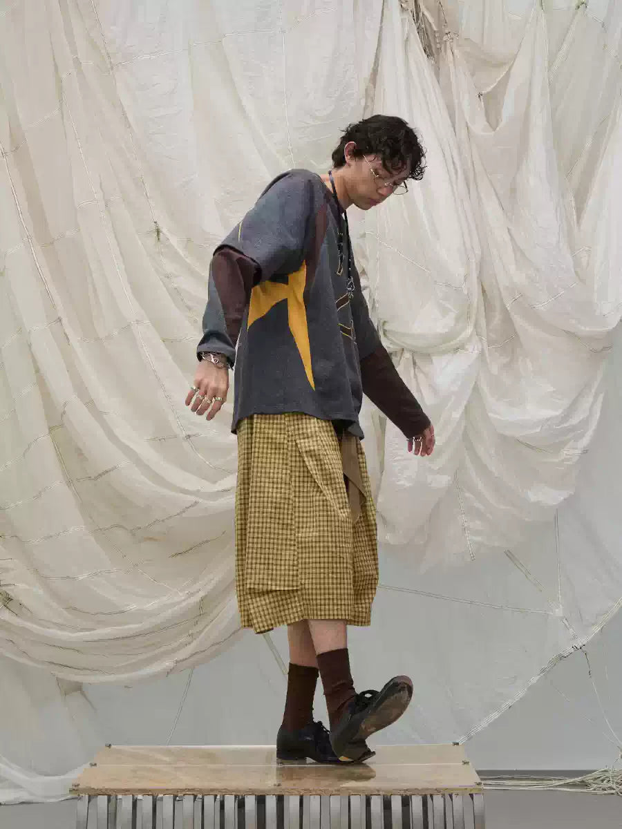 Detachable Plaid Pleated Cropped Pants