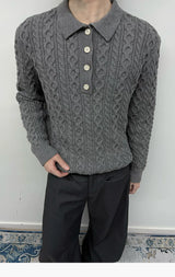 Men's Milk Cotton Cable Polo Sweater