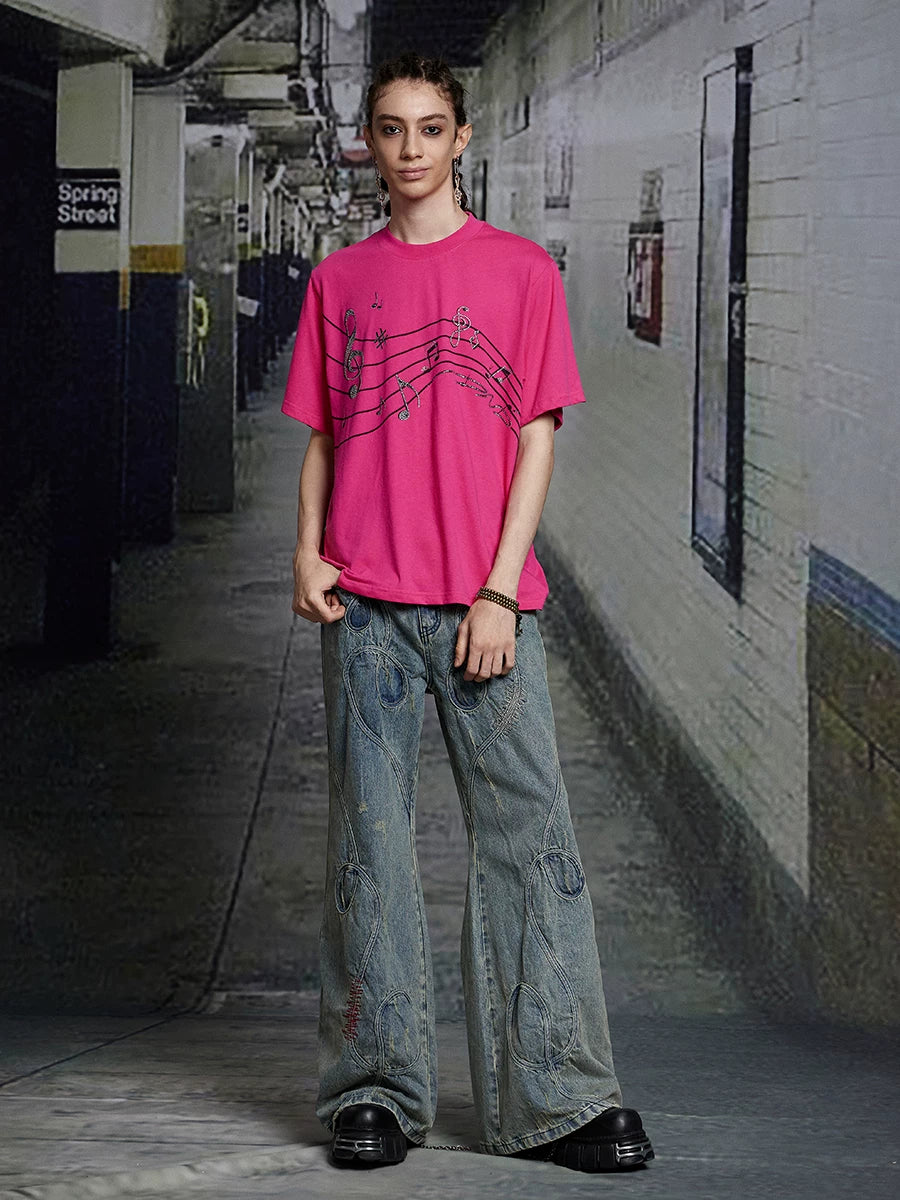 Vintage Pink Cotton Rhinestone Note Tee