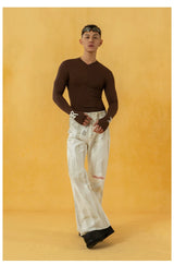Men's Vintage White Sickle-Print Flare Jeans