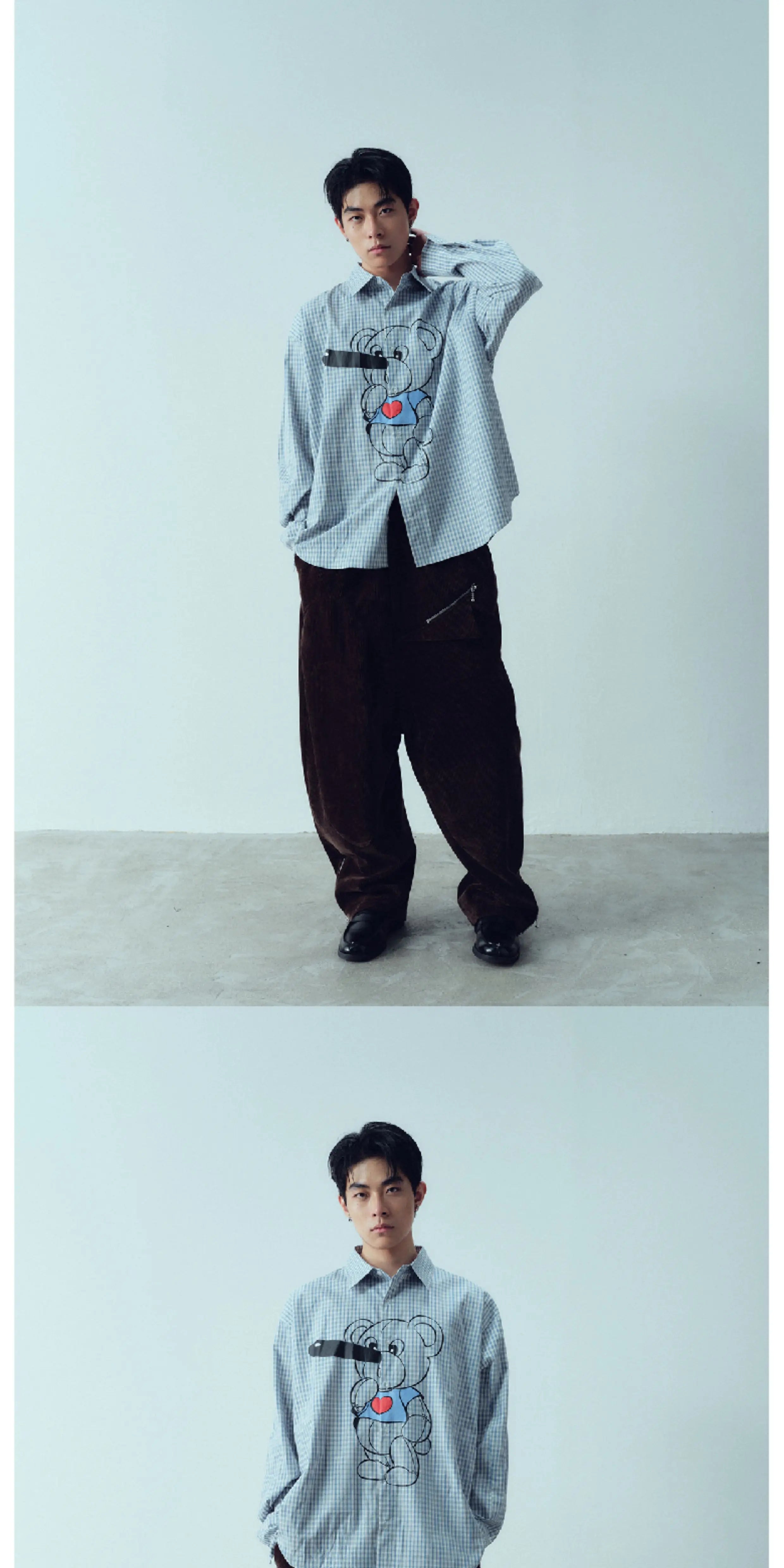Retro Plaid Pinocchio Bear Print Shirt