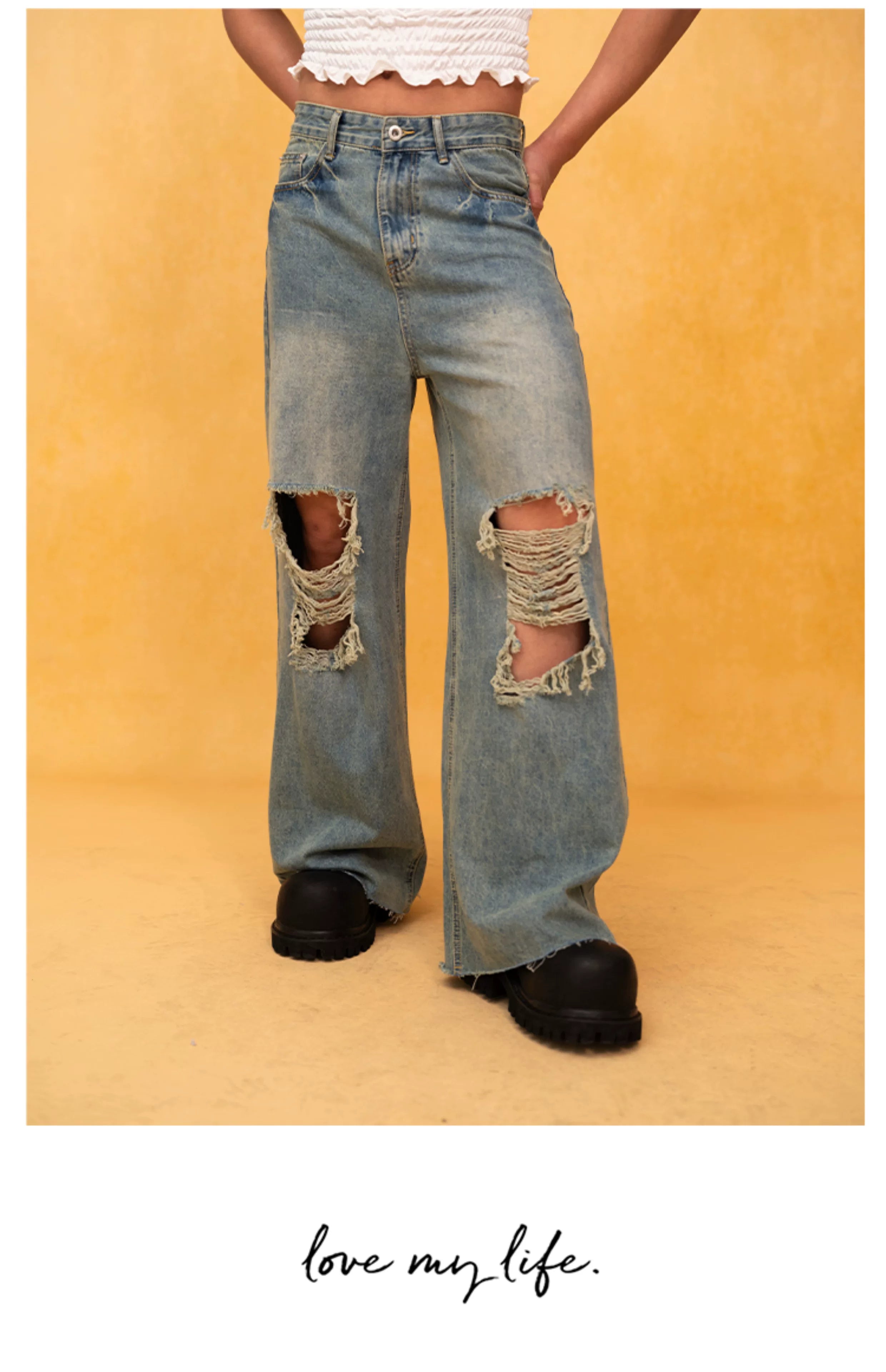 Men's Blue Distressed Wide Leg Jeans