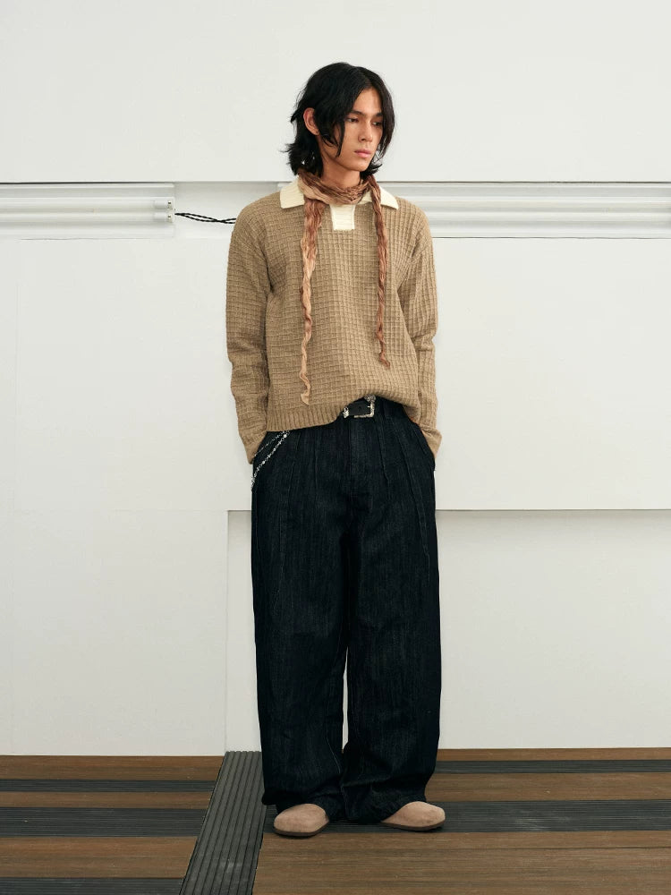 Color Block Collar Waffle Knit Sweater