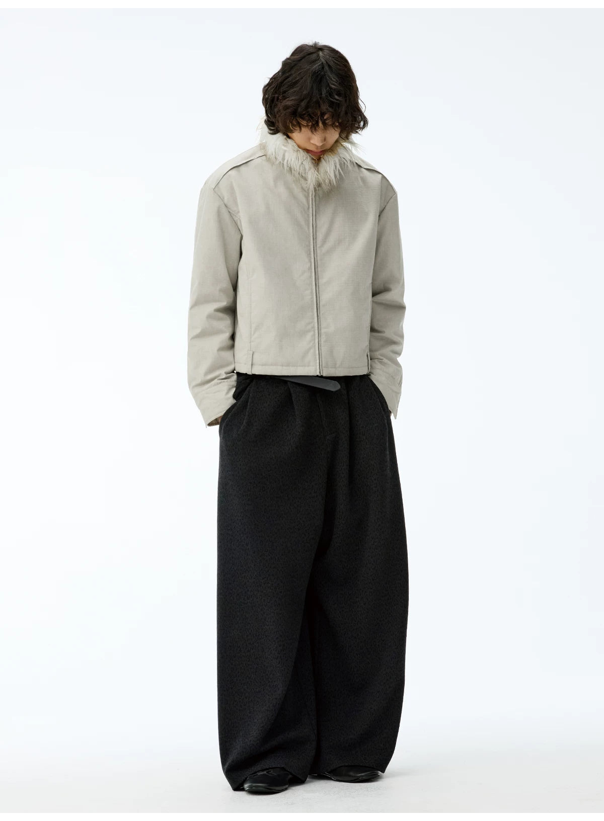 Fitted Two-tone Grid Fur Collar Jacket