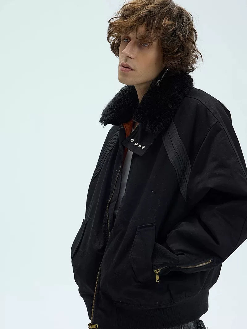 Orange Padded Detachable Fur Bomber Jacket