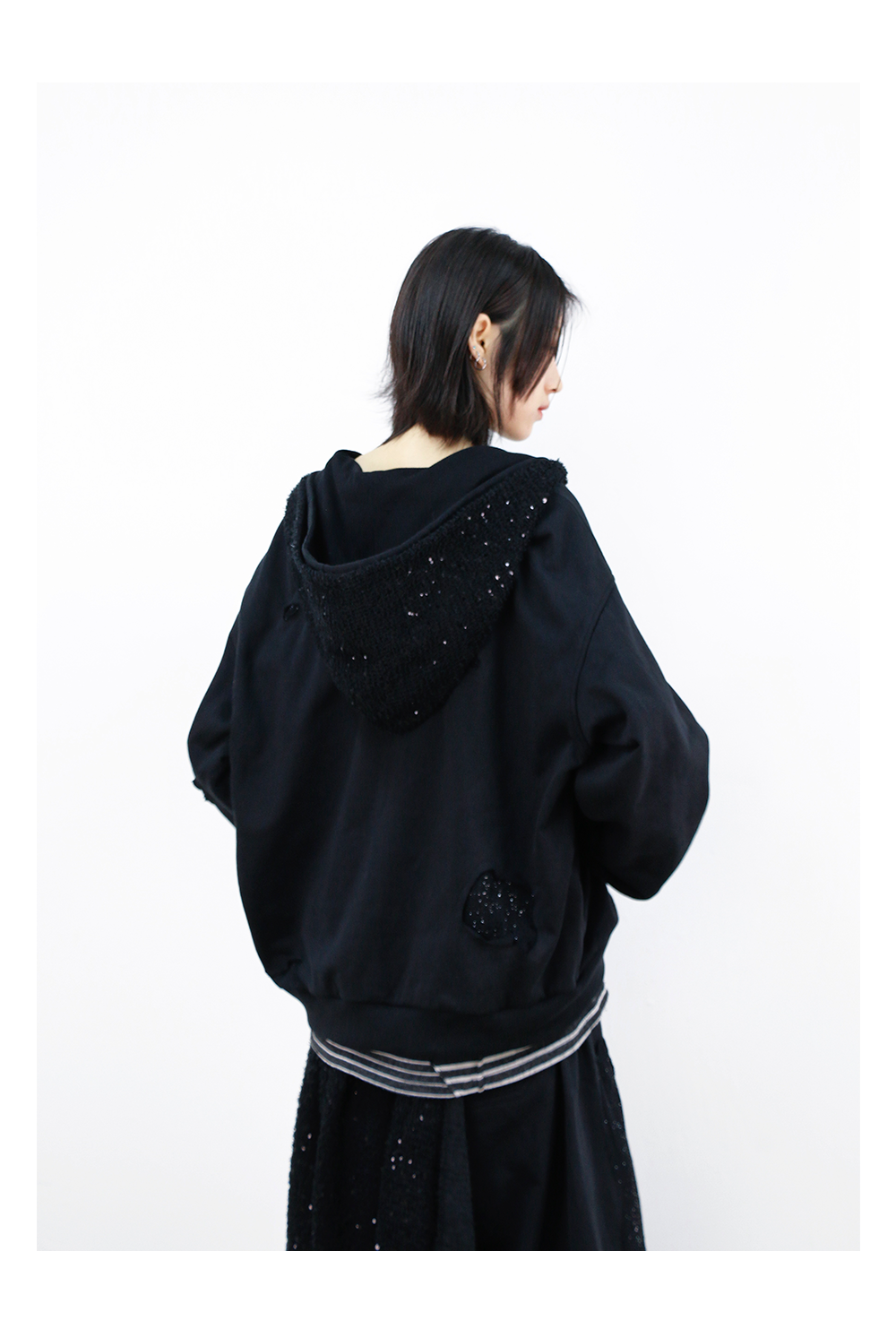 Detachable Dual Hood Rhinestone Zip Hoodie