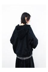 Detachable Dual Hood Rhinestone Zip Hoodie