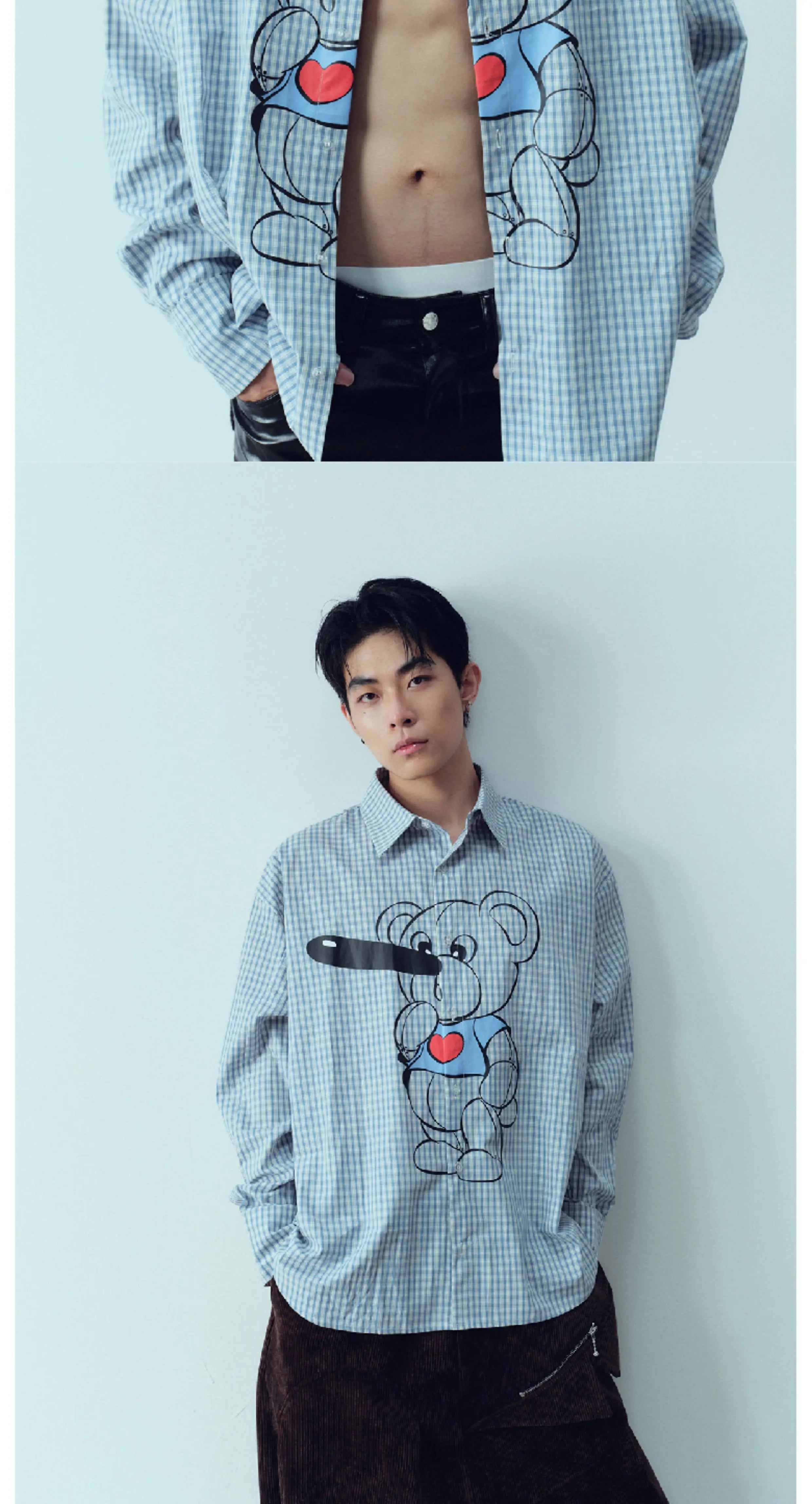 Retro Plaid Pinocchio Bear Print Shirt