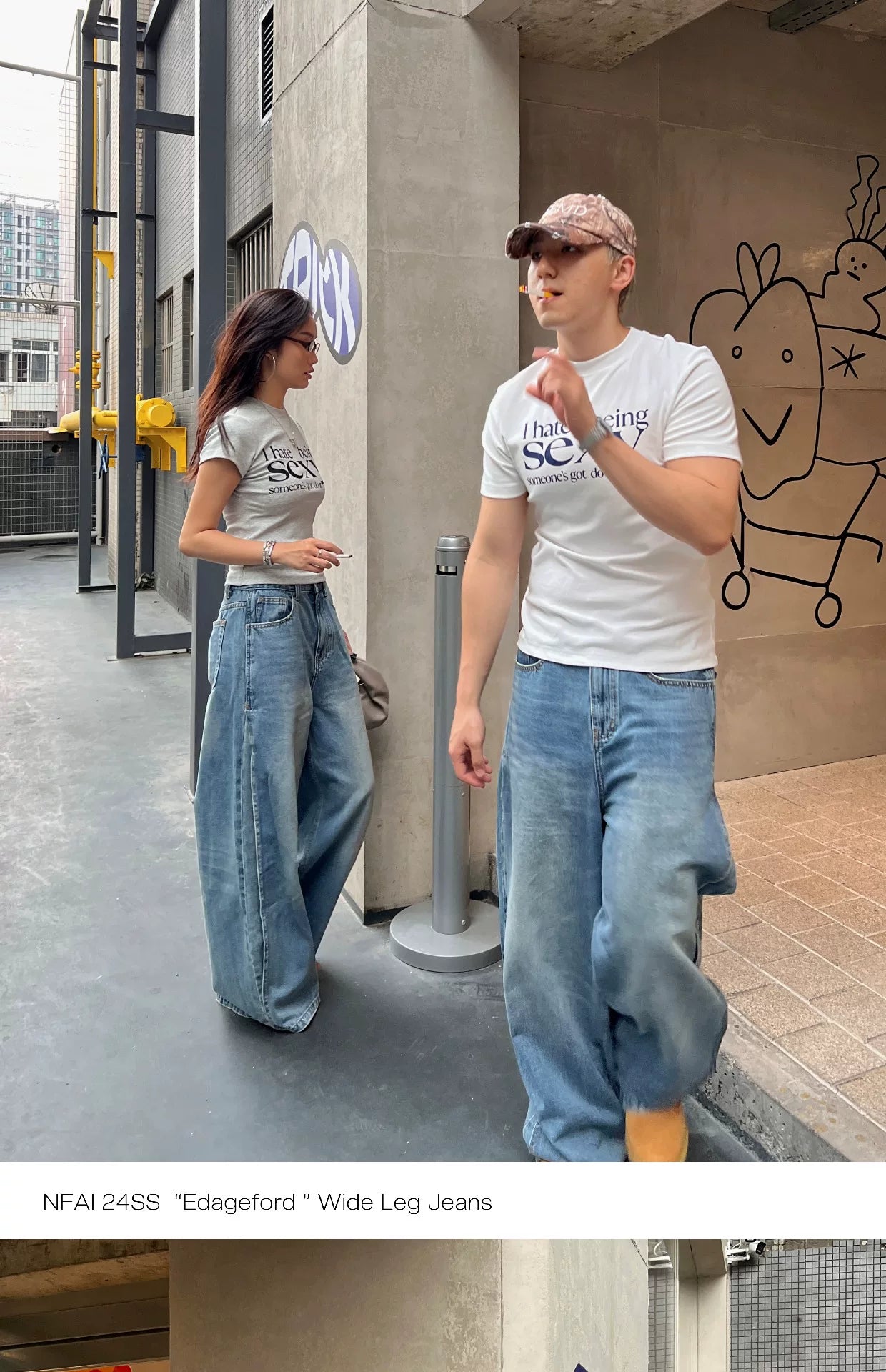 Wide Leg Cuffed Washed Jeans
