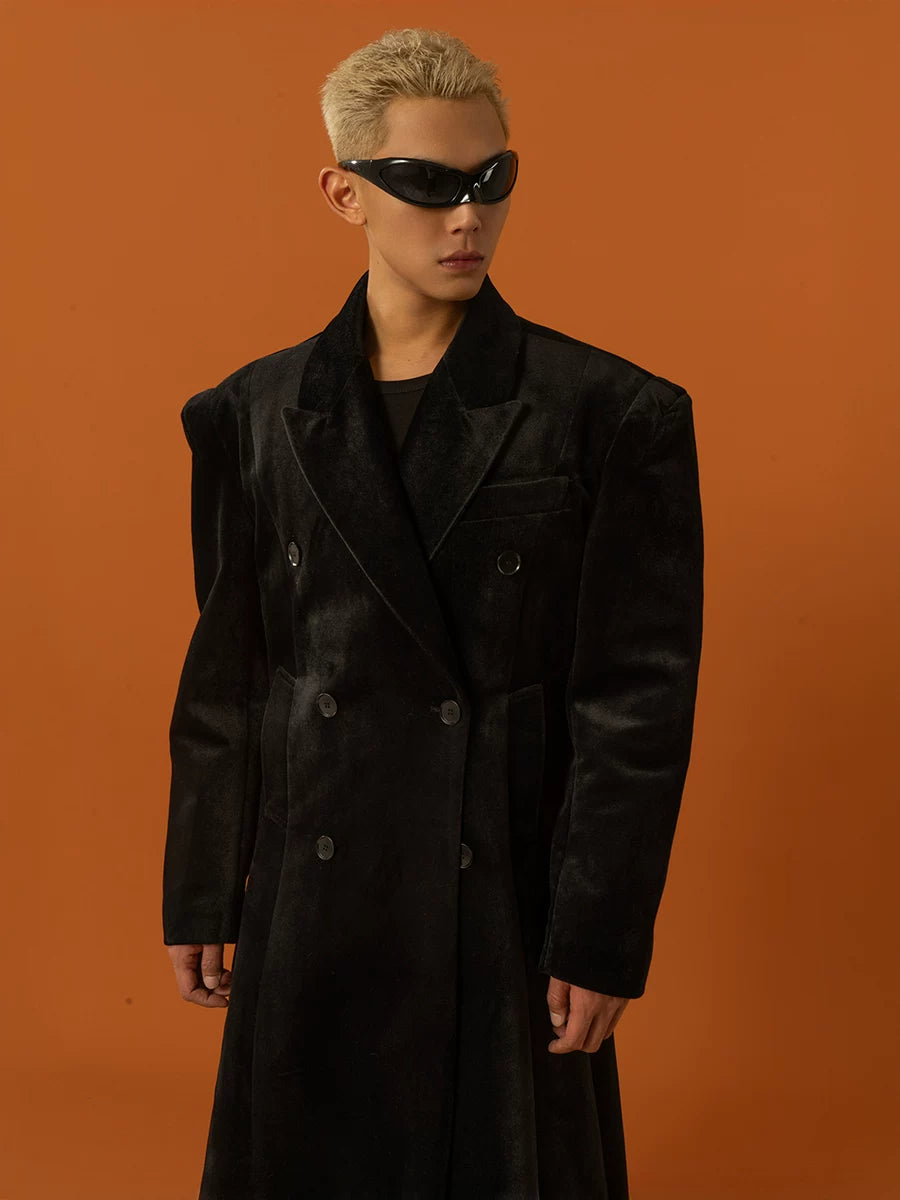 Men's Long Black Velvet Wool Coat