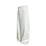 Pleated Distressed White Baggy Denim Jeans