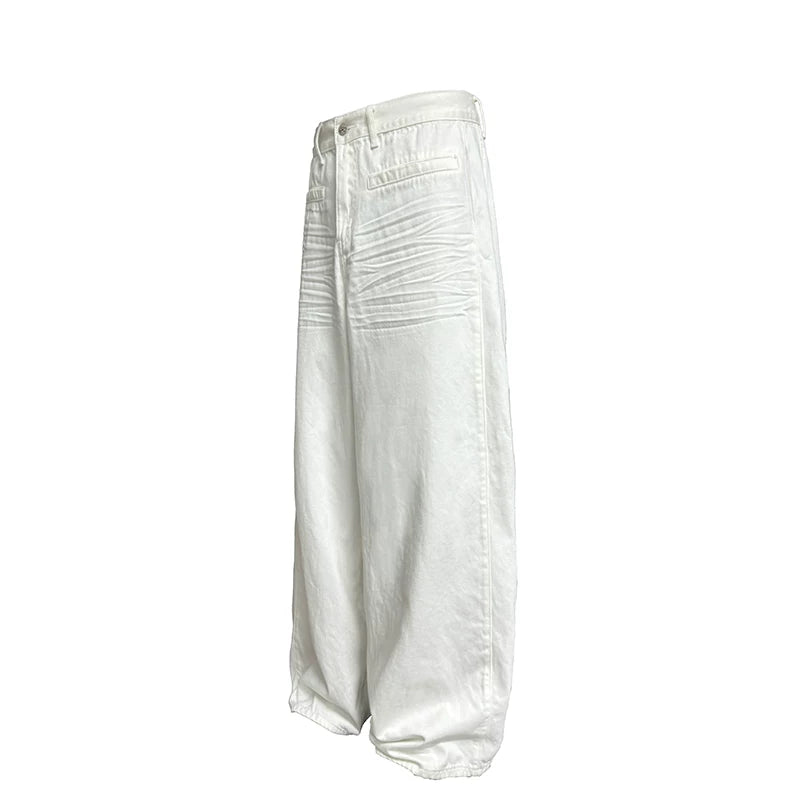 Pleated Distressed White Baggy Denim Jeans
