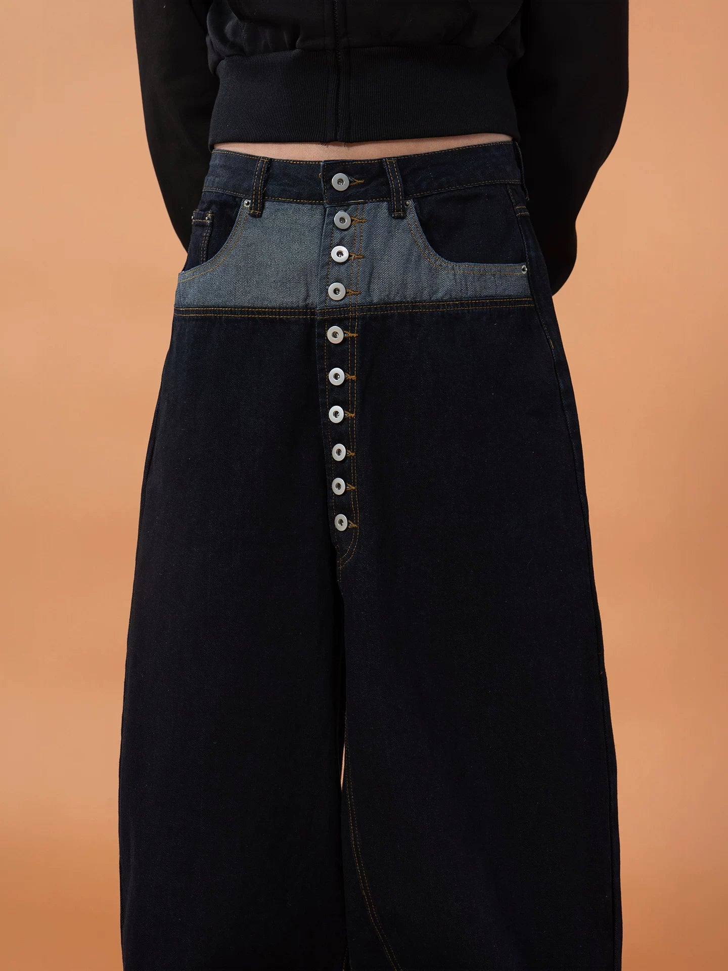 Men's Blue Patchwork Button Cargo Jeans
