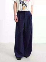 Blue-Black Plaid Pleated Casual Pants