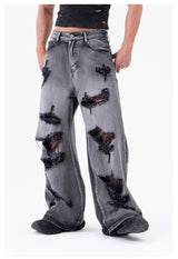 Men's Ripped Baggy Straight Charcoal Jeans