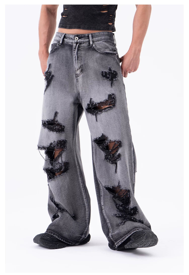 Men's Ripped Baggy Straight Charcoal Jeans