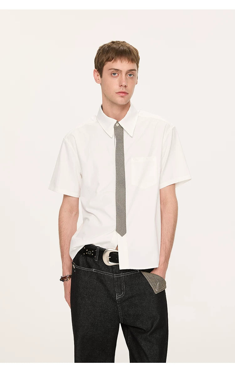 Striped And Houndstooth Short-Sleeved White Shirt