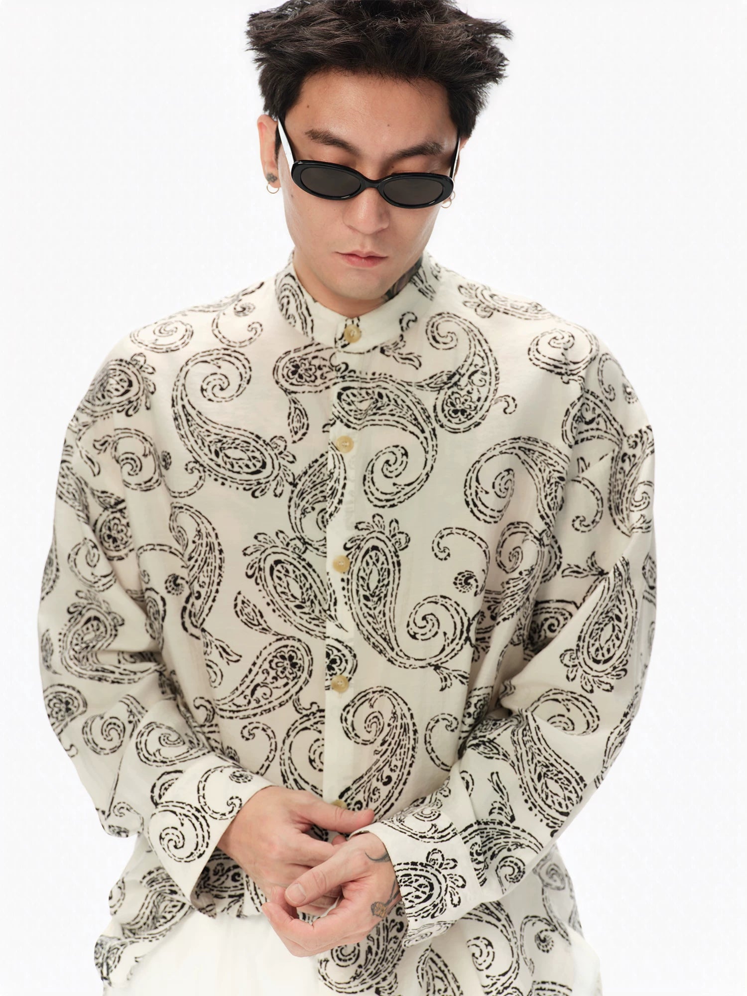 Long Sleeve Collared Paisley Silk Shirt