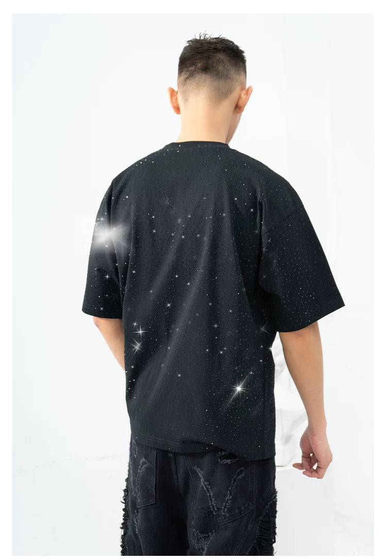 Unisex Black Loose Rhinestone Short-Sleeve Tee