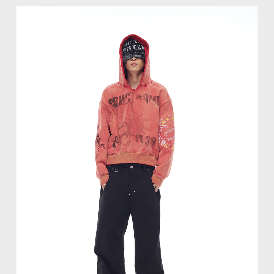 Tri-color Washed Distressed Embroidered V-neck Hoodie