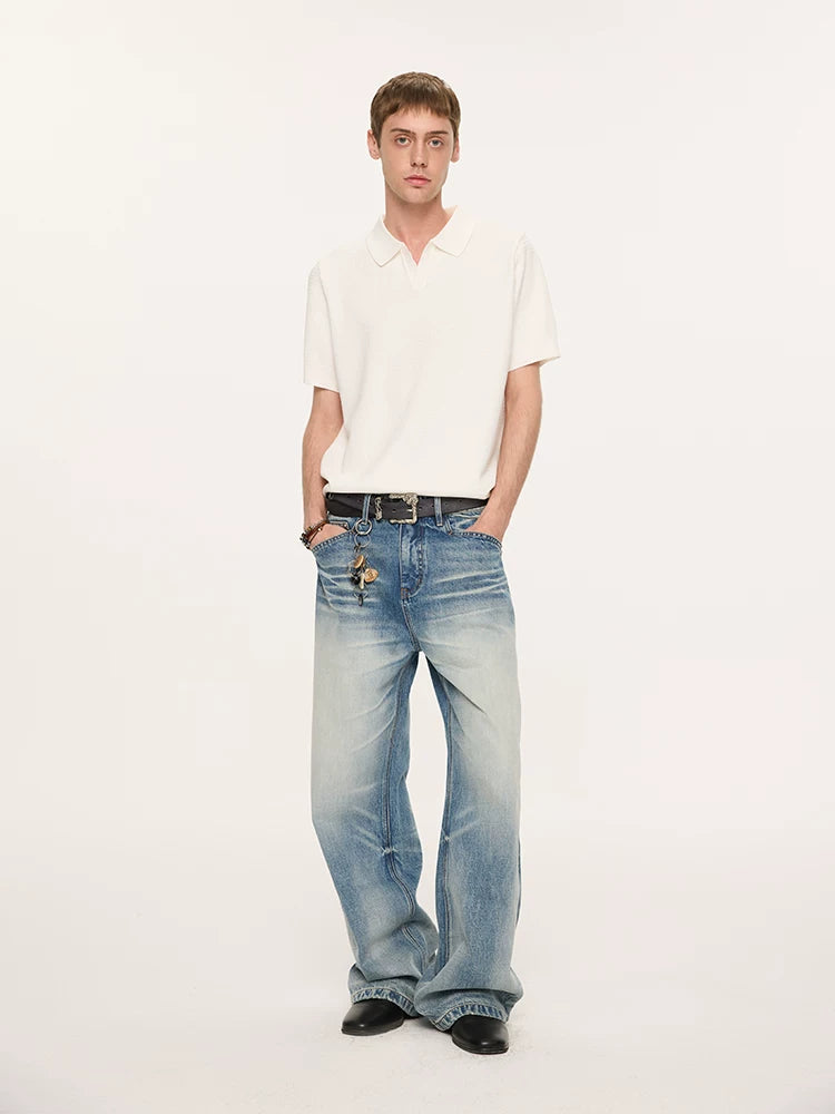 Wheat Jacquard V-Neck Knit Polo Tee