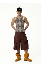 Men's Black Red PU Cargo Shorts