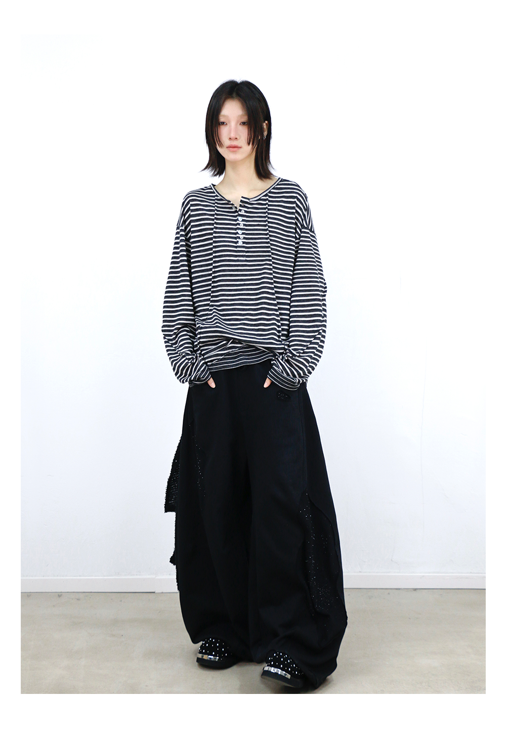 Striped Cutout Neck Long Sleeve Tee