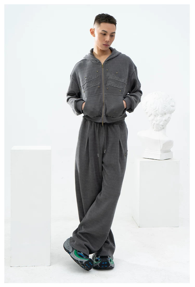 Gray Khaki Corduroy Embroidered Striped Zip-Hoodie