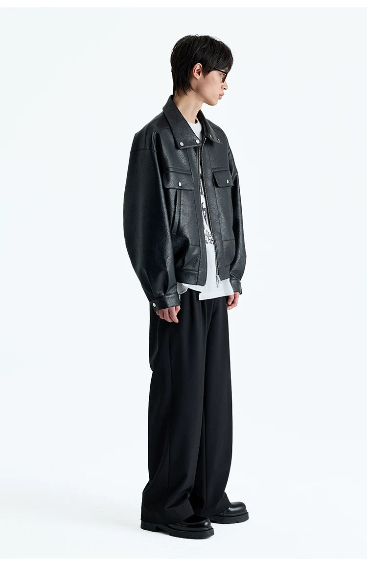 Vintage Faux Leather Multi-Pocket Cropped Jacket