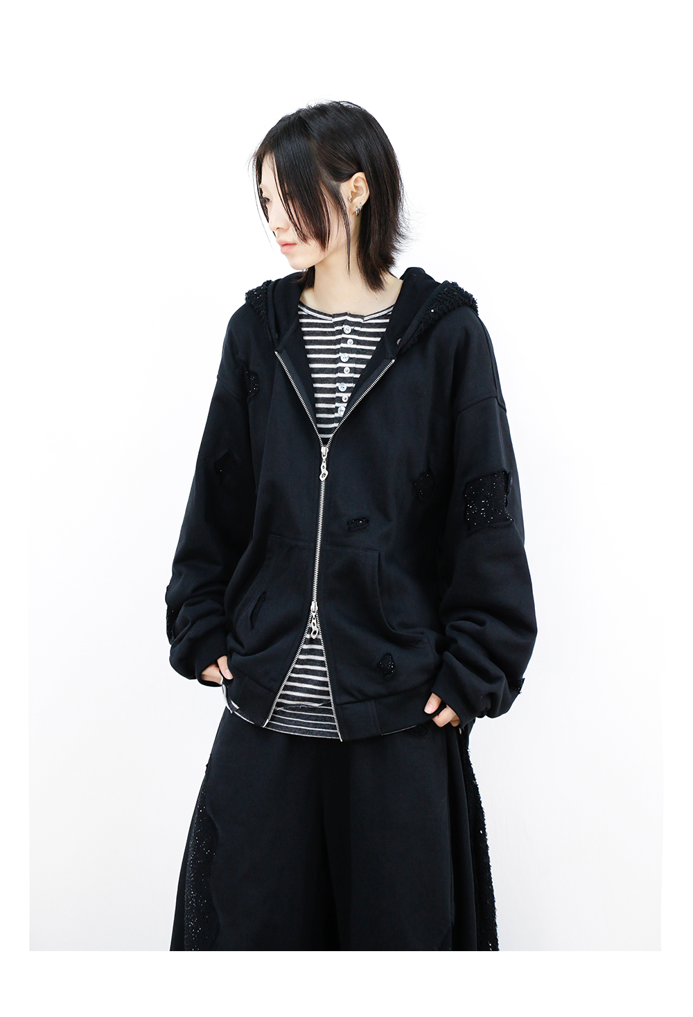 Detachable Dual Hood Rhinestone Zip Hoodie