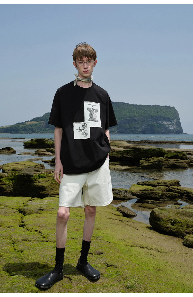 Frayed Printed Cotton Crew Neck Tee