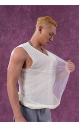 Ash Beige Double V-Neck Knit-Mesh Vest