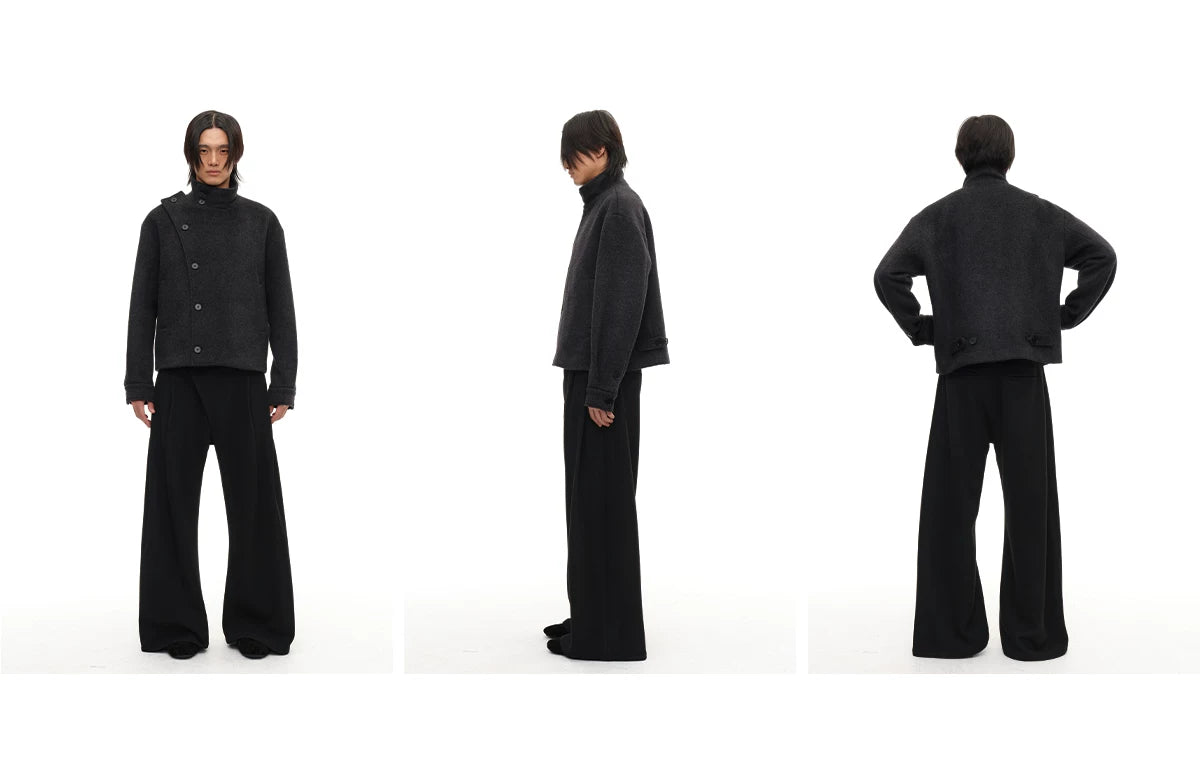 Collared Buttoned Adjustable Waist Wool Jacket
