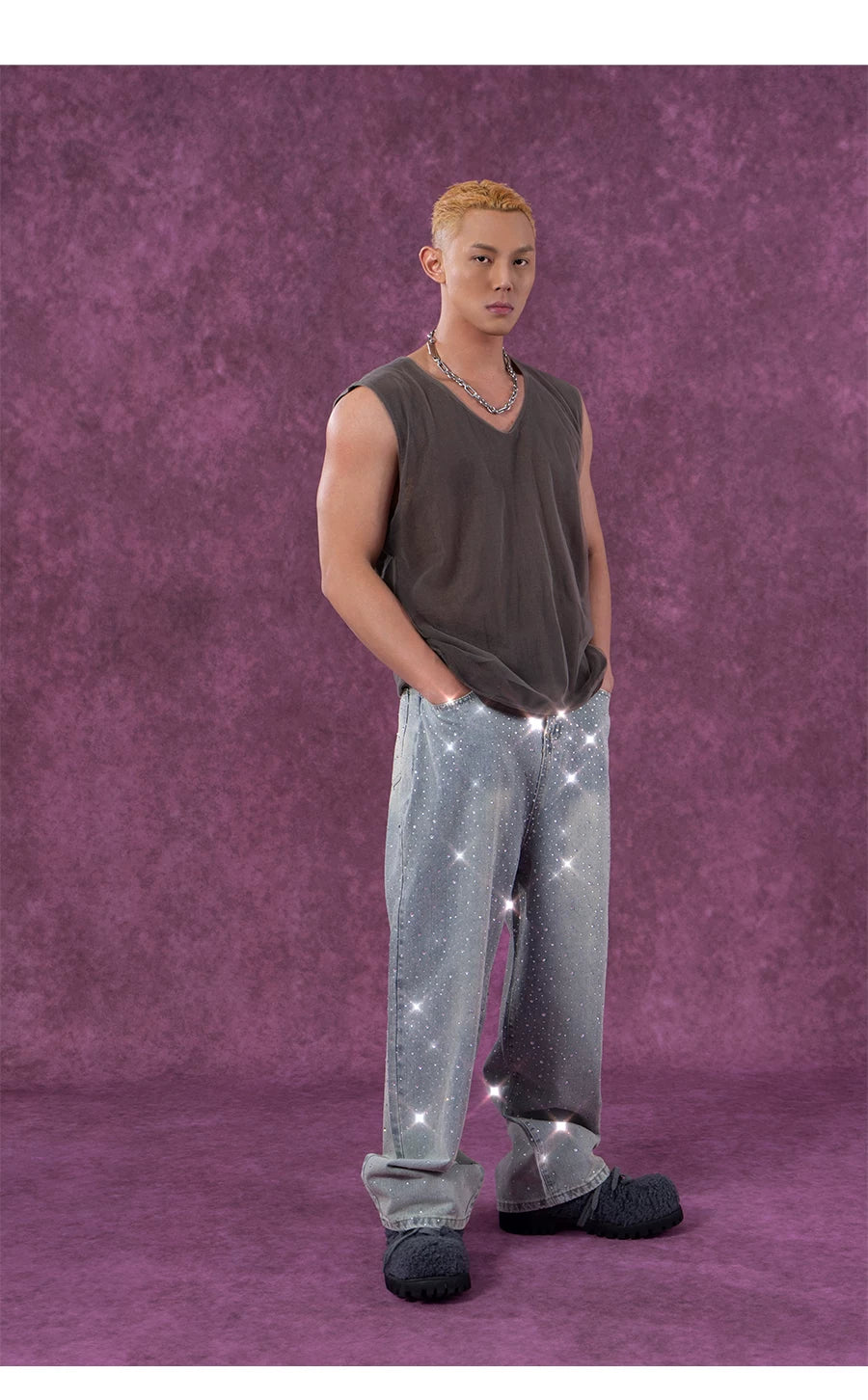 Men's Light Blue Sequined Baggy Jeans