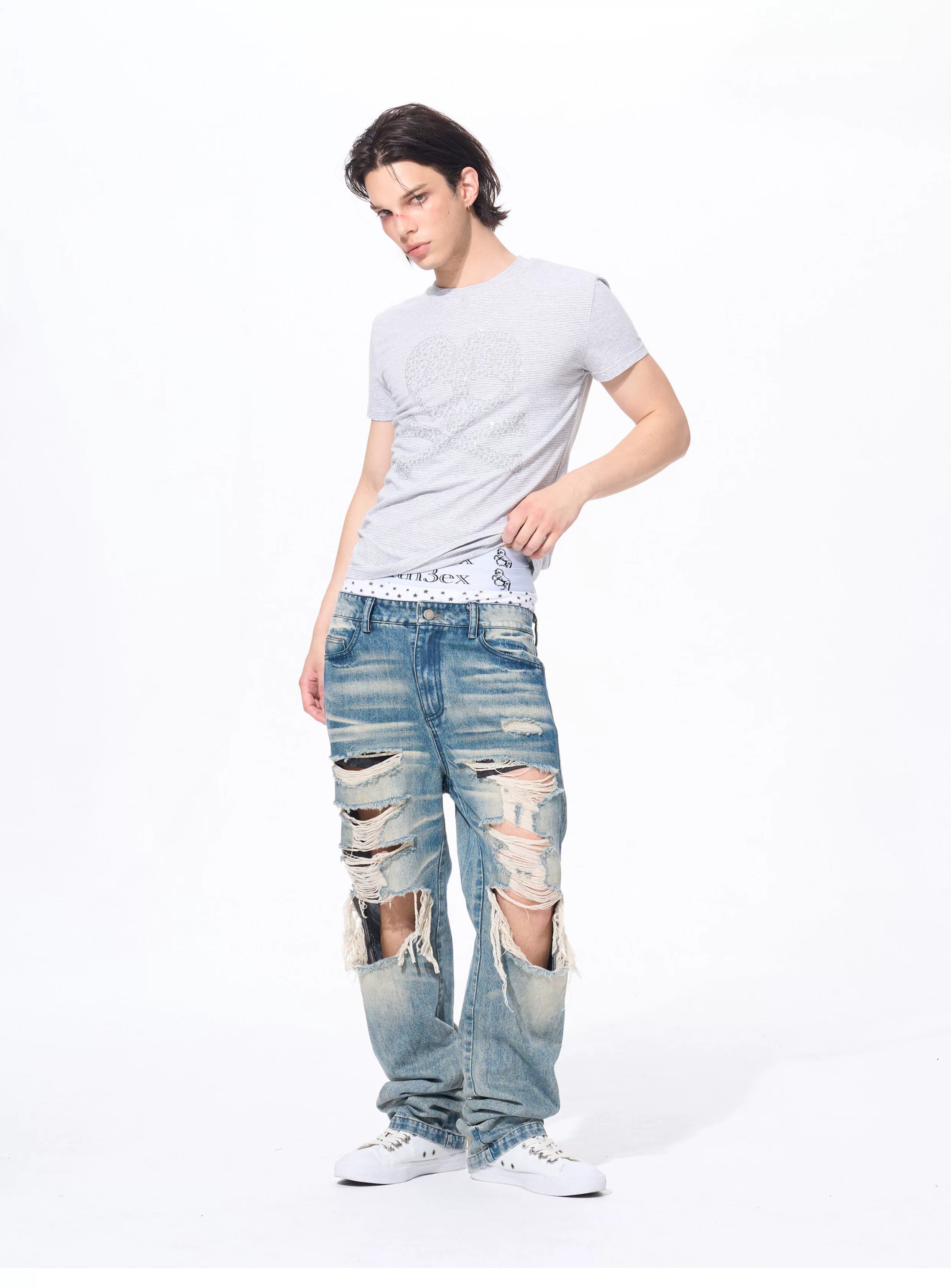 Men’s Rhinestone Skull Striped Tees