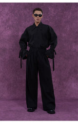 Men's Long-Sleeve Black-and-White Ruffled Sash Shirt